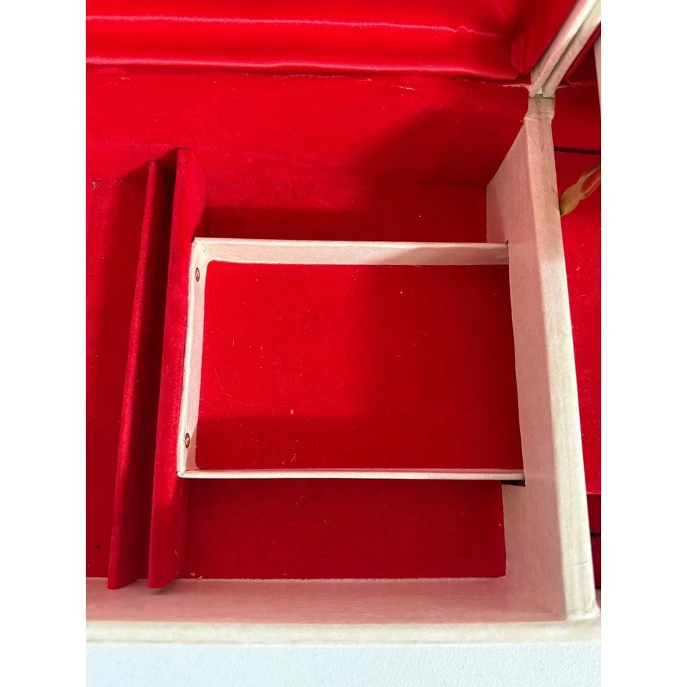 Vintage Lady Buxton Jewelry Box Cream Satin Red Lining Dual/ Hidden Compartment